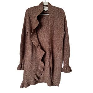 Hinge Women's‎ Knit Blend Ruffle Cardigan Sweater in Taupe Muave Brown Size XS